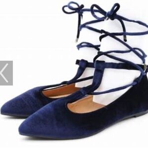 Yoki Navy Velvet Women Size 9 Gladiator Lace up Pointy Flats Urban-80 Fairy Goth